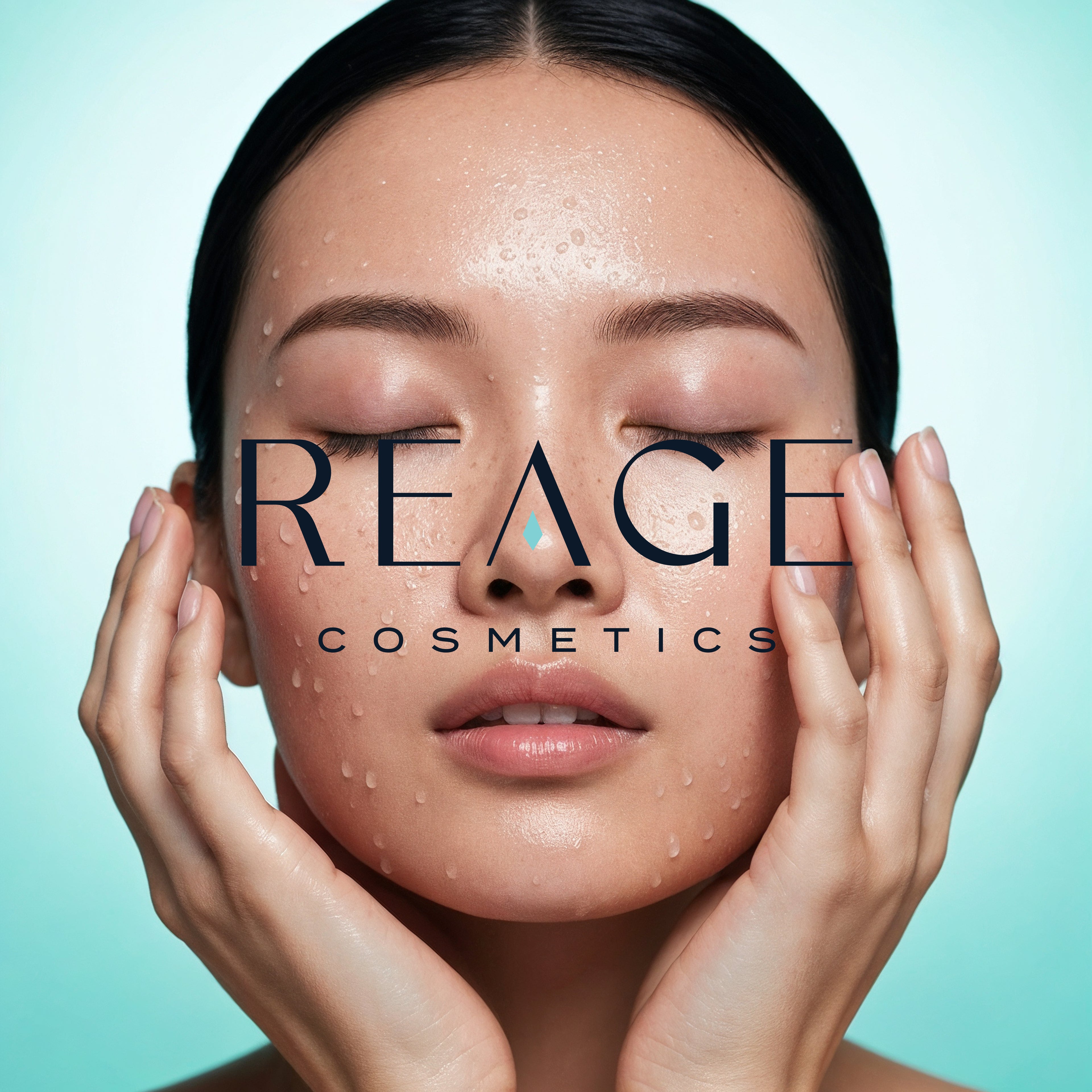 Woman with hands on face against a light blue background with 'REAGE COSMETICS' branding.