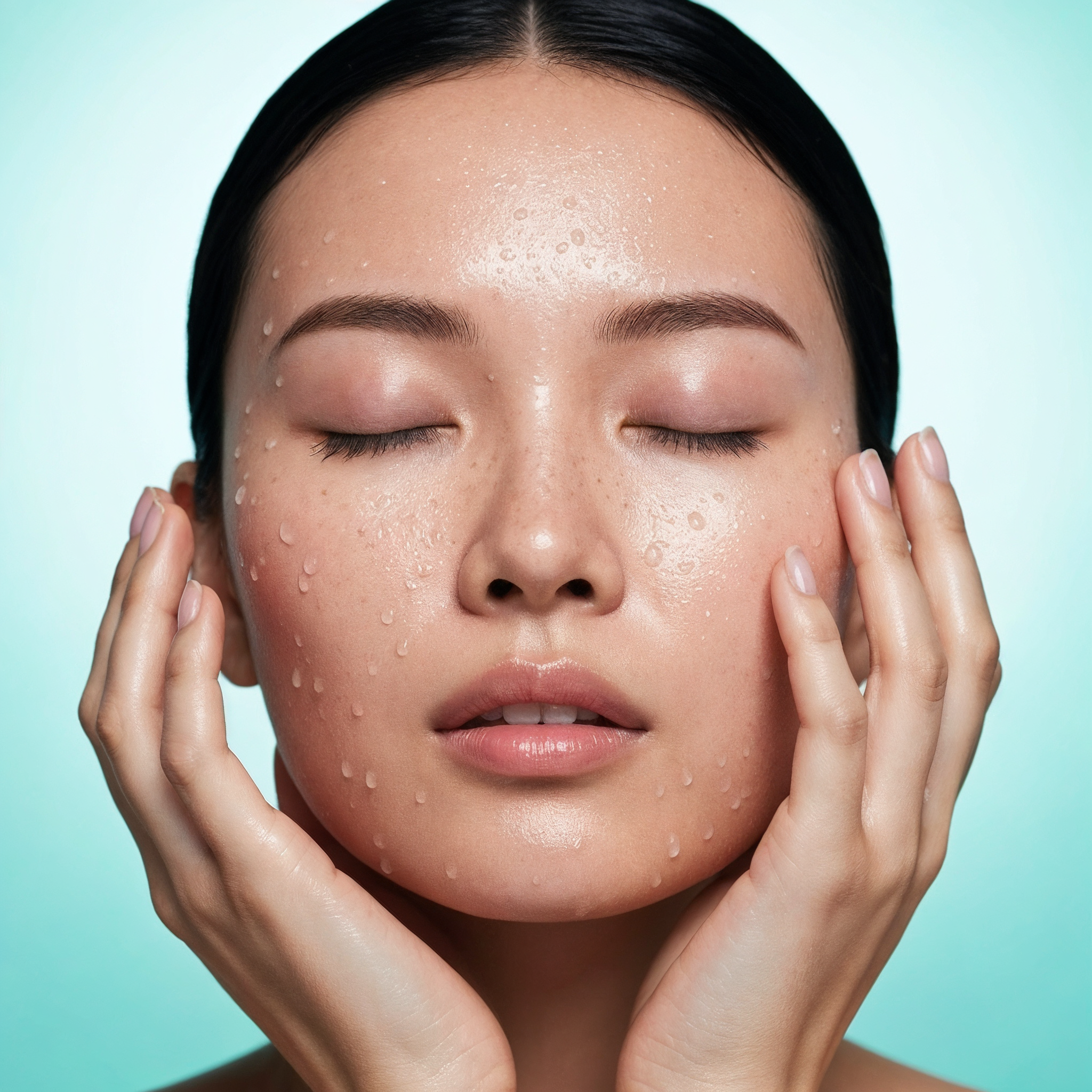 Woman with hands on face against a light blue background