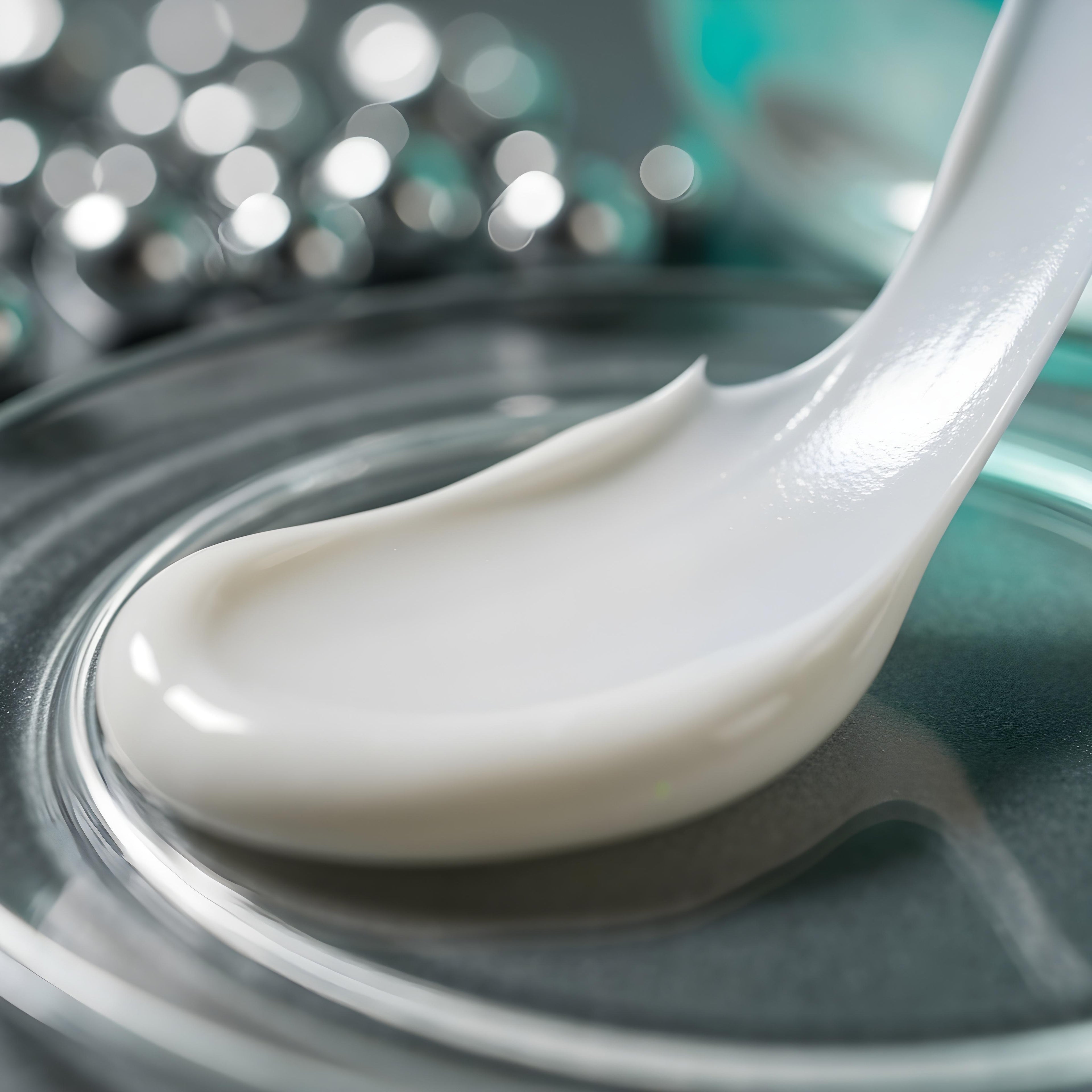 White cream on a spoon against a blurred background
